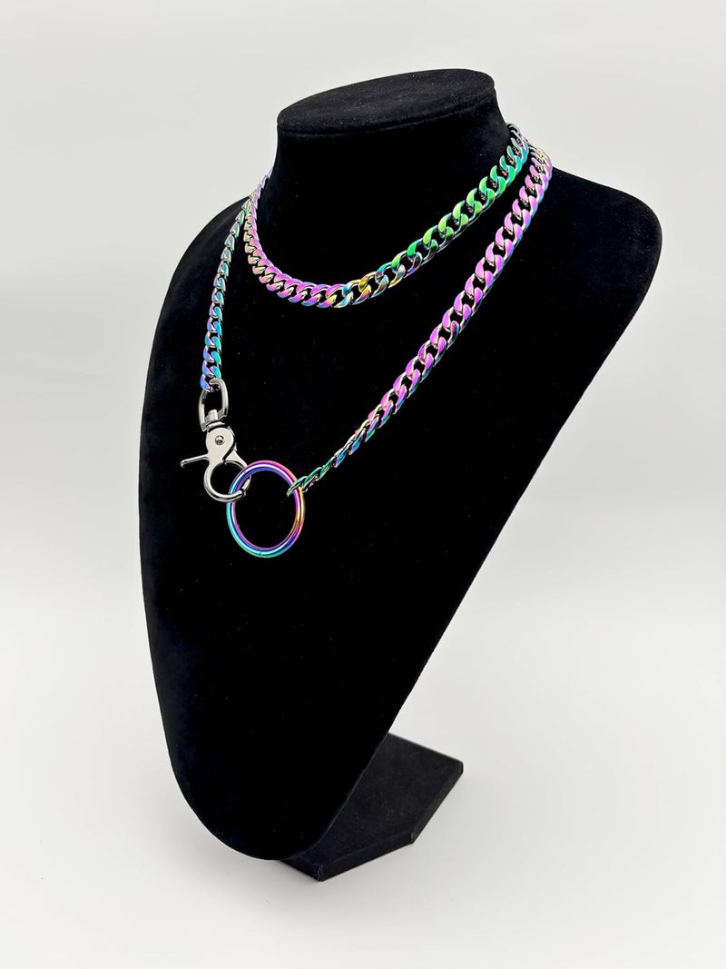 paloli Women's Slip Chain Rainbow Heart O-Ring Chunky Chain Necklace, Rays Cuban Long Layered Jewelry, Adjustable Lariat Y-Necklace Heart Loop Choker - Image 3
